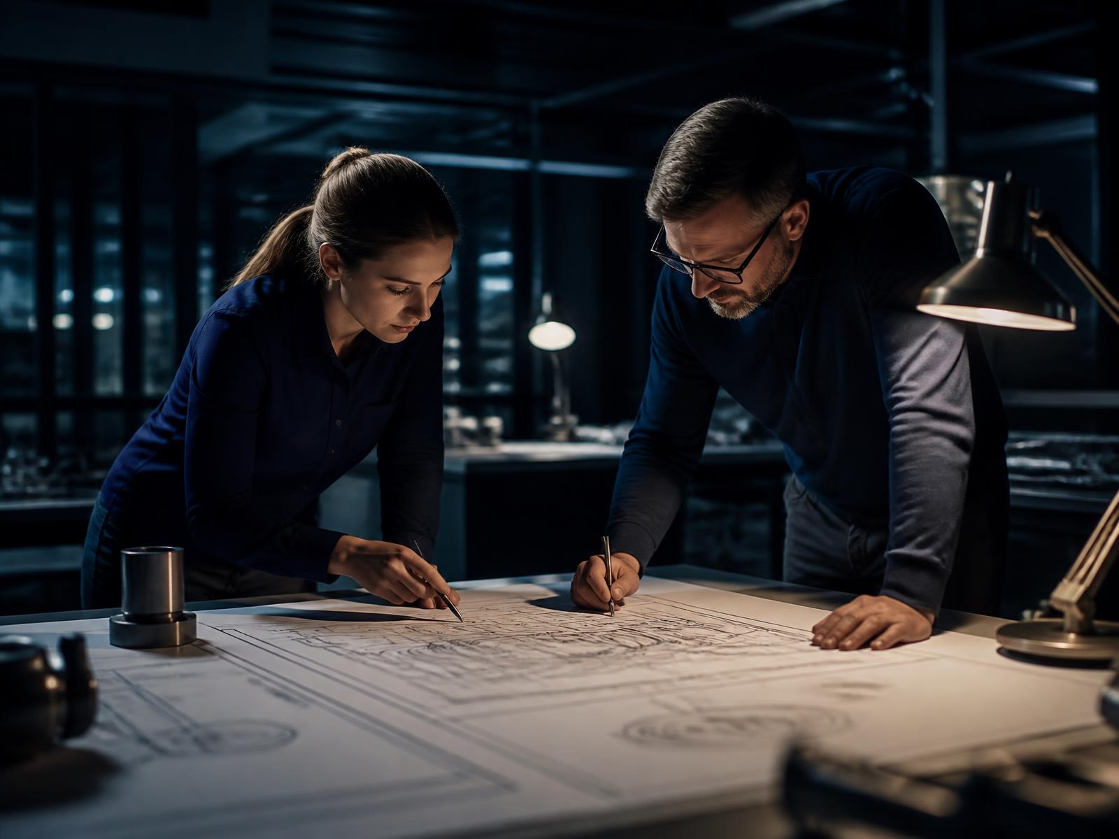 Engineers reviewing technical manufacturing drawings