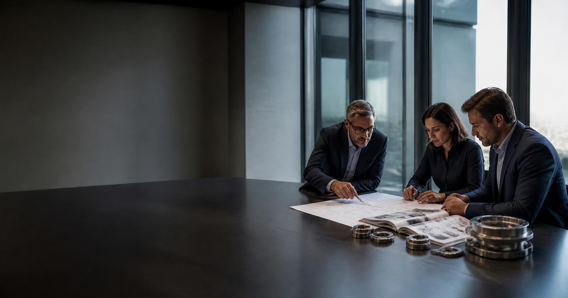 Commercial and technical specialists reviewing engineering drawings, a manufacturer catalog and industrial components in a boardroom