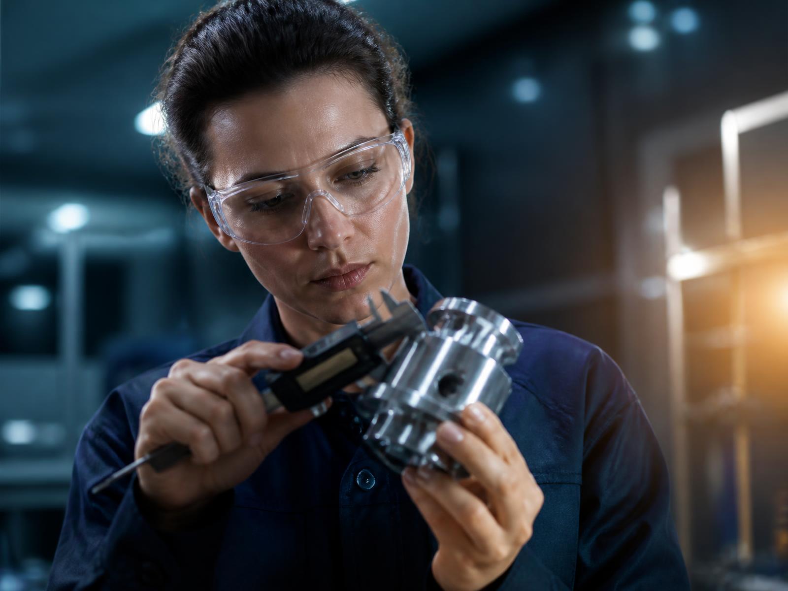 Quality control engineer measuring a machined component with a digital caliper