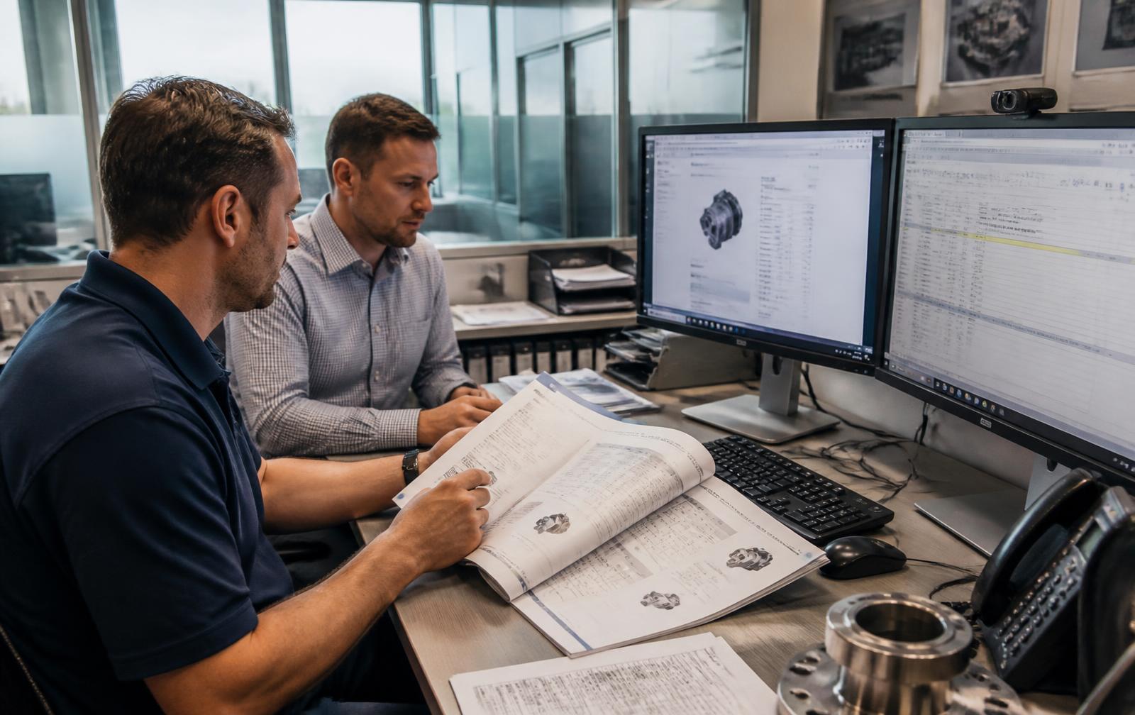 Procurement specialists reviewing technical datasheets and manufacturer catalogs