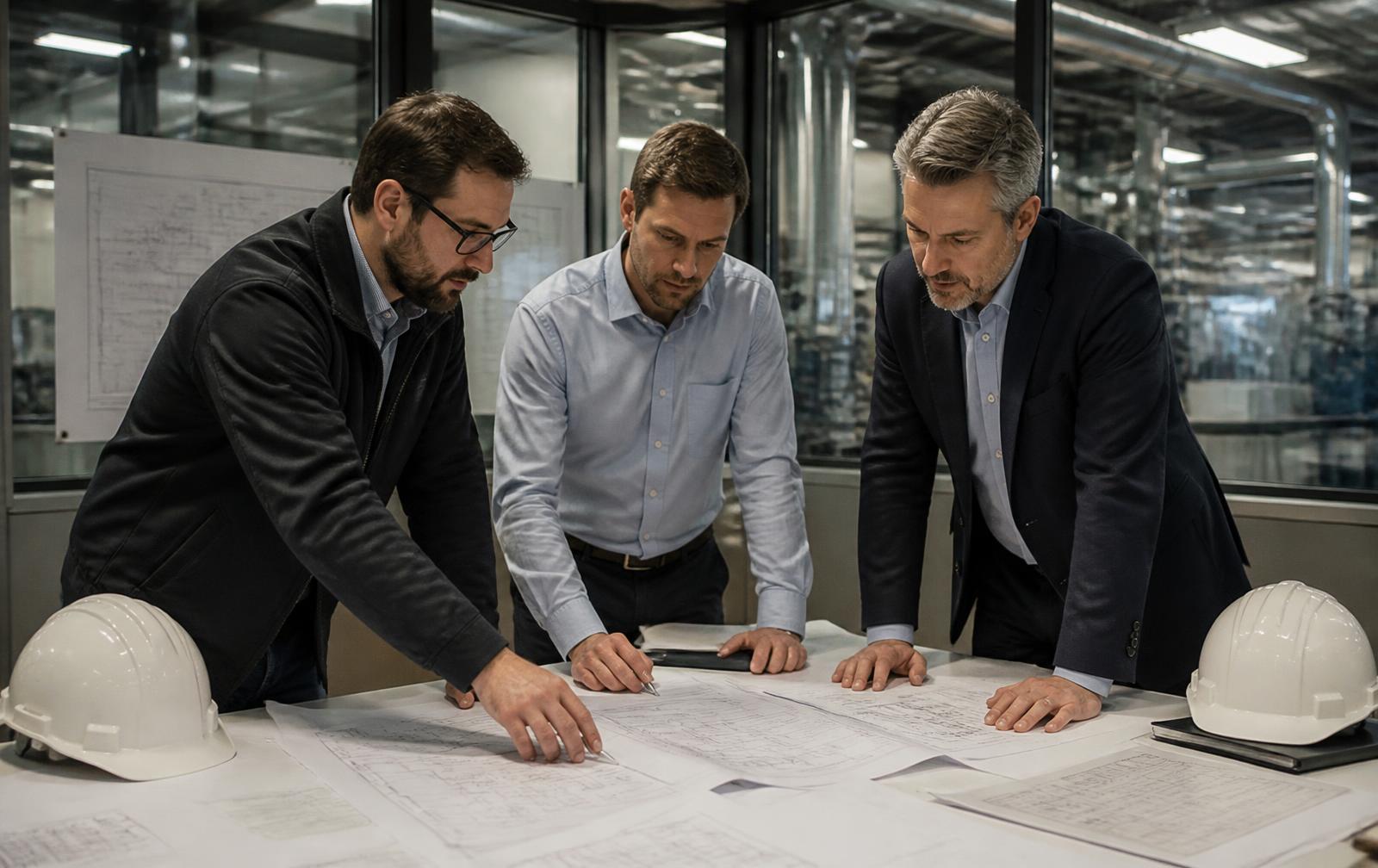 Project engineers and a commercial manager reviewing equipment specifications in a plant office